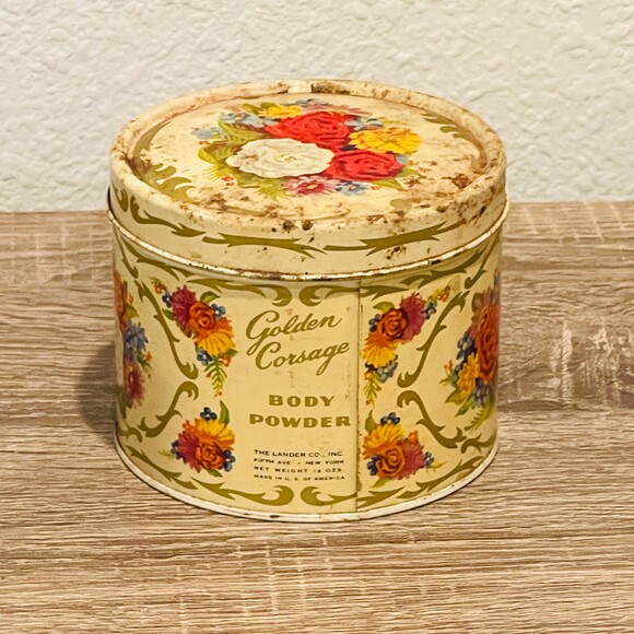 VTG Golden Corsage Apple Blossom Tin Body Powder Full 1940s - Picture 1 of 6
